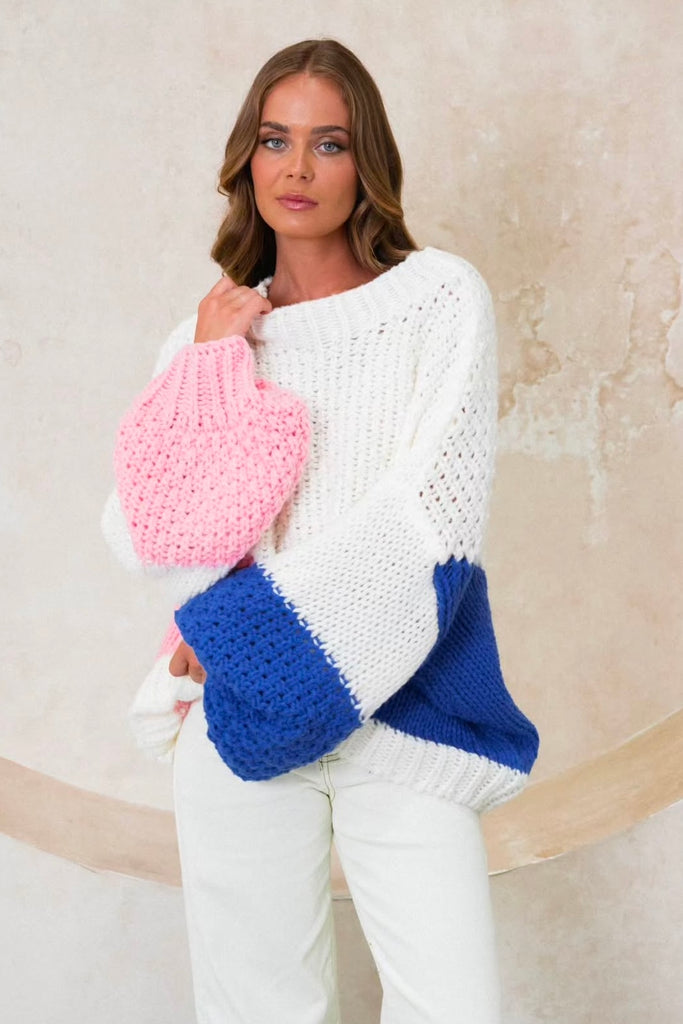 Lana knit - pink/blue-Pash + Evolve-Our Lana knit is the perfect knit for your wardrobe. Featuring pink and blue detailing, round neckline and an oversized fit. *Oversized fit *Pink & blue detailing *Puff sleeves *100% Acrylic-Pash + Evolve