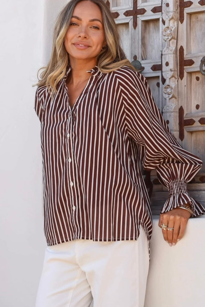 Lara shirt - Chocolate/White stripe-Pash + Evolve-*Button down *Comes with Chocolate cami *Long sleeve *Sleeve detail-Pash + Evolve