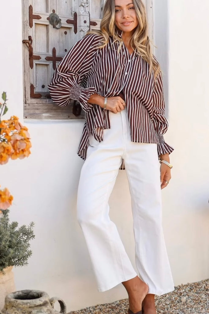 Lara shirt - Chocolate/White stripe-Pash + Evolve-*Button down *Comes with Chocolate cami *Long sleeve *Sleeve detail-Pash + Evolve