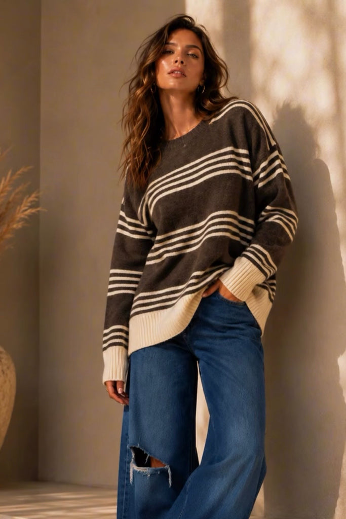 Layla knit - Choc/natural-Pash + Evolve-*Round neck *Long sleeve *Chocolate/Natural stripe *Hi-Low hemline *65% Acrylic, 35% Wool-Pash + Evolve