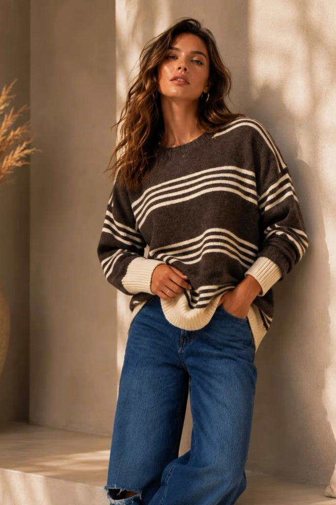 Layla knit - Choc/natural-Pash + Evolve-*Round neck *Long sleeve *Chocolate/Natural stripe *Hi-Low hemline *65% Acrylic, 35% Wool-Pash + Evolve