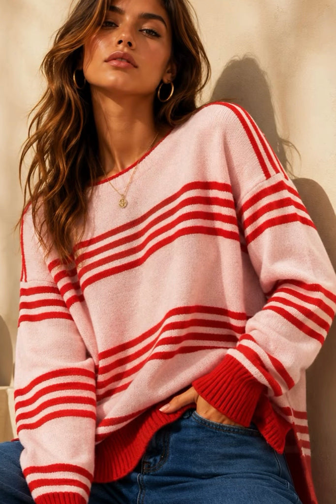 Layla knit - Red/Pink-Pash + Evolve-*Round neck *Long sleeve *Red/Pink stripe *Hi-Low hemline *65% Acrylic, 35% Wool-Pash + Evolve