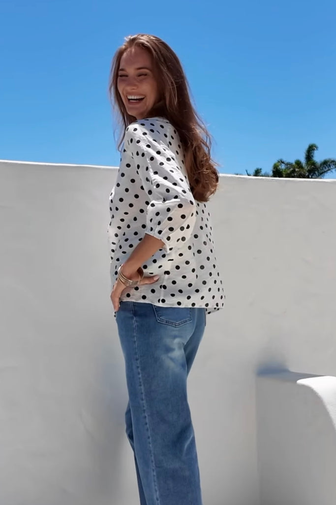 Leah top - White/Black-Pash + Evolve-*Polka dots *White/Black *Sleeve *Elasticated cuff *Button down front *Lightweight material-Pash + Evolve