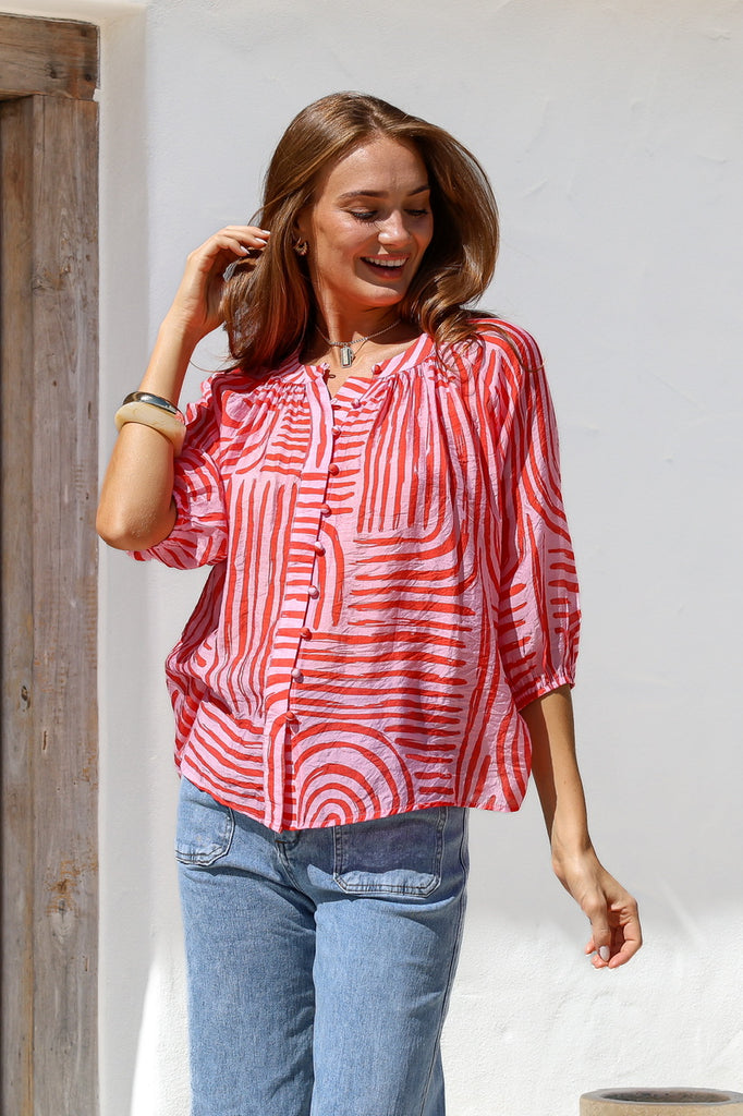 Leah top - pink/red-Pash + Evolve-*Pink/red swirl *Elasticated cuff *Button down front *Lightweight material-Pash + Evolve