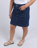 Lennox Denim Skirt - Dark Blue Wash-Elm-Redefine comfort and chic with the Lennox Denim Skirt, featuring the comfort of an elastic waistband and the style of patch pockets this is an easy wear stylish denim skirt. Elastic around side seams and back waist Self fabric front patch pockets Elm stamped hardware Stretch Denim Model is 171cm and wears Size 10-Pash + Evolve