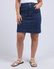 Lennox Denim Skirt - Dark Blue Wash-Elm-Redefine comfort and chic with the Lennox Denim Skirt, featuring the comfort of an elastic waistband and the style of patch pockets this is an easy wear stylish denim skirt. Elastic around side seams and back waist Self fabric front patch pockets Elm stamped hardware Stretch Denim Model is 171cm and wears Size 10-Pash + Evolve