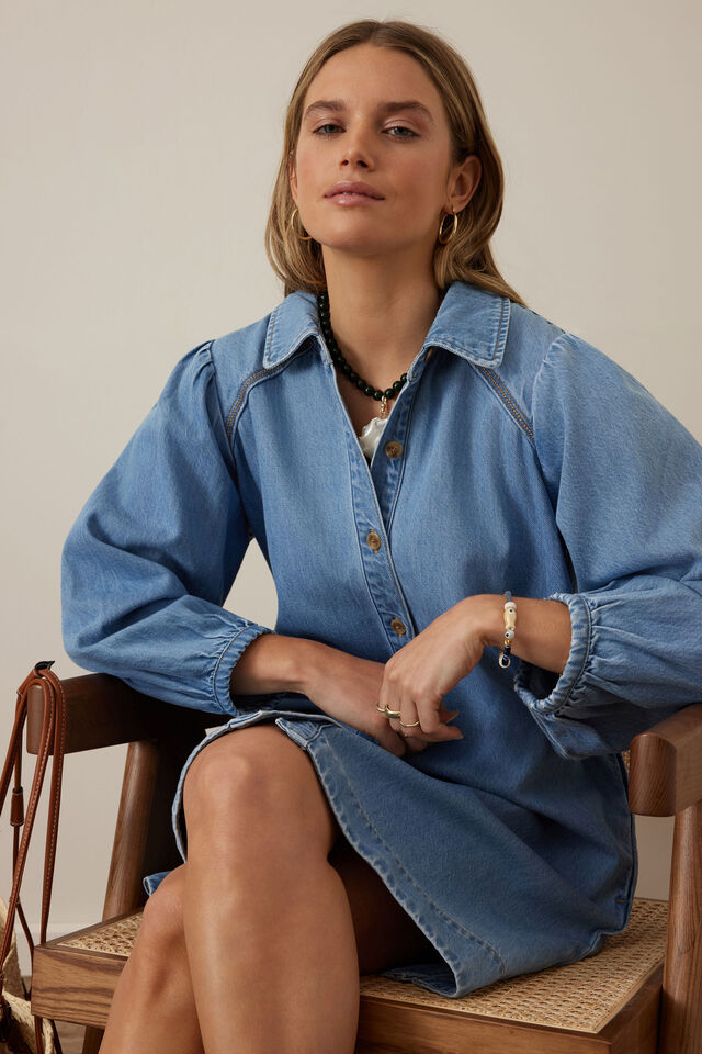 Lenny mini dress - vintage blue-Ceres Life-Made from soft mid weight rigid denim Featuring 41% Lenzing Tencel Gathered sleeve Functional button through front Mini length with relaxed silhouette Yoke with stitch detail-Pash + Evolve