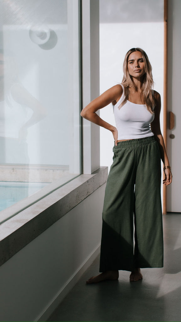Lila pant - khaki-Pash + Evolve-*Linen pant *Pockets *Elasticated waist *Wide leg *70% Linen, 30% Viscose-Pash + Evolve