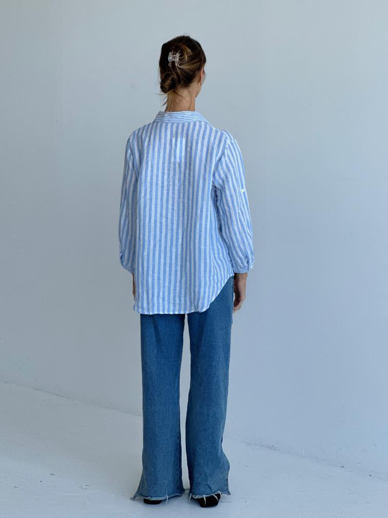 Linen shirt chambray - stripe-Pash + Evolve-One of our best selling linen Shirts !! This fun & stylish linen shirt will become one of your wardrobe favourites ! * Button down front * Collar * Long sleeves * Front pocket * 100% Linen-Pash + Evolve