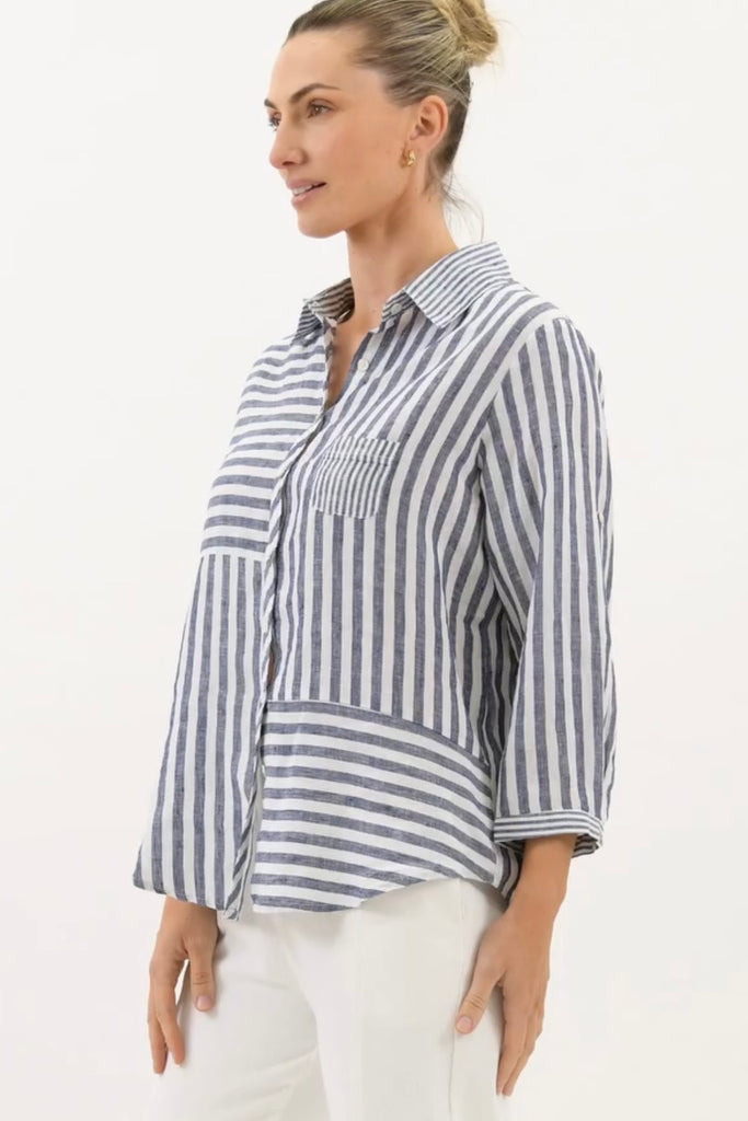 Linen stripe shirt - navy/white-Pash + Evolve-One of our best selling linen Shirts !! This fun & stylish linen shirt will become one of your wardrobe favourites ! * Button down front * Collar * Long sleeves * Front pocket * 100% Linen-Pash + Evolve