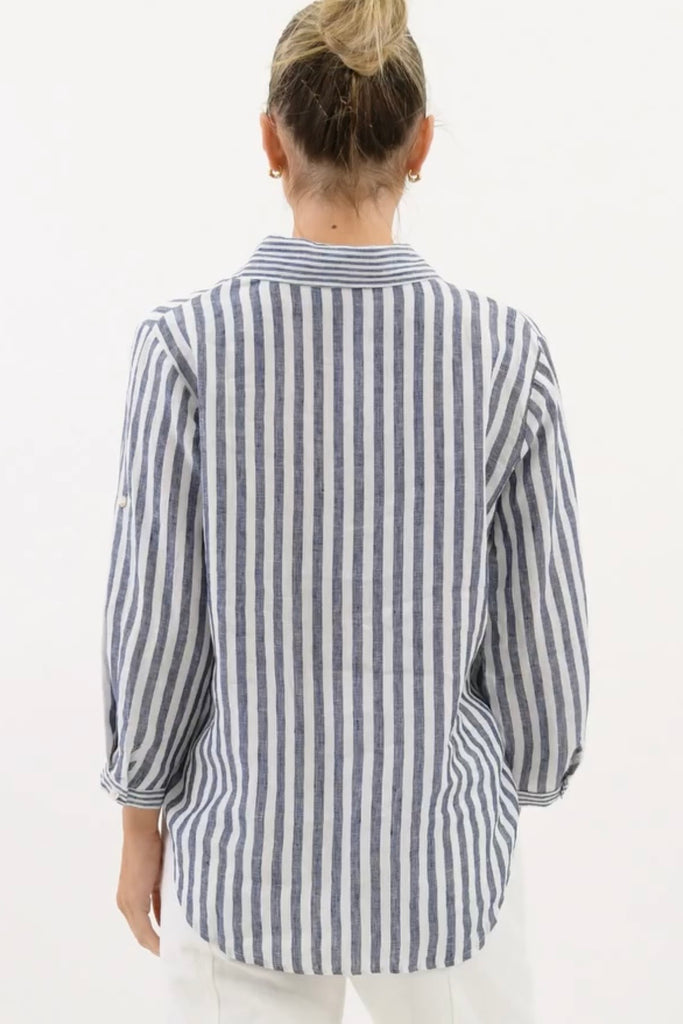 Linen stripe shirt - navy/white-Pash + Evolve-One of our best selling linen Shirts !! This fun & stylish linen shirt will become one of your wardrobe favourites ! * Button down front * Collar * Long sleeves * Front pocket * 100% Linen-Pash + Evolve