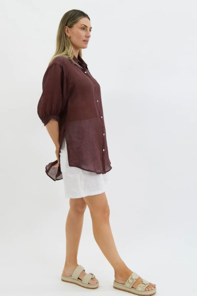 Lise shirt - Chocolate-Pash + Evolve-This top is super easy to wear, and the most flattering fit on. Easily dress her up or down. *Button up front * Hi-low hemline *100% Linen * Side split-Pash + Evolve