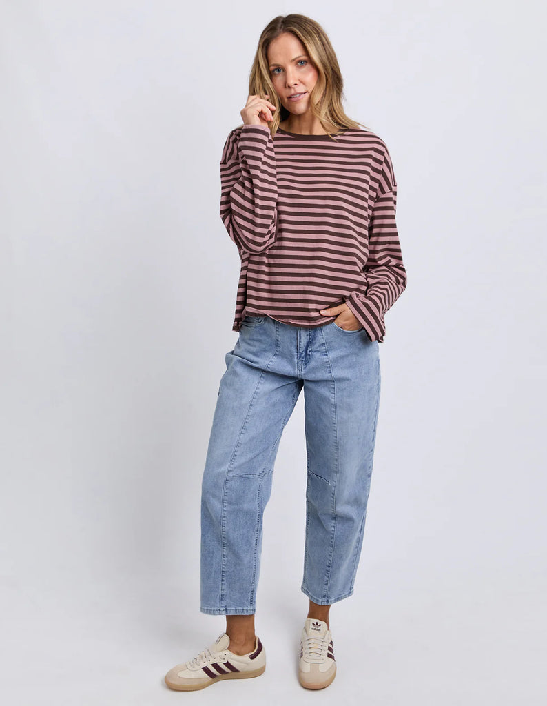 Lola Stripe Long Sleeve - Coffee & Dusty Rose-Foxwood-Meet your new everyday favourite – the Lola Stripe Long Sleeve. Lola is designed for easy, throw-on-and-go styling. Featuring a classic crew neckline, dropped shoulders and a soft drape through the body, this long sleeve tee brings that laid-back Foxwood feel to your everyday wardrobe. Finished with a centre back seam detail for that extra hint of style, it’s the perfect piece to pair with your go-to denim and sneakers. 100% Cotton Yarn dyed stripe Contr
