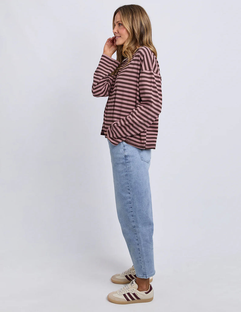 Lola Stripe Long Sleeve - Coffee & Dusty Rose-Foxwood-Meet your new everyday favourite – the Lola Stripe Long Sleeve. Lola is designed for easy, throw-on-and-go styling. Featuring a classic crew neckline, dropped shoulders and a soft drape through the body, this long sleeve tee brings that laid-back Foxwood feel to your everyday wardrobe. Finished with a centre back seam detail for that extra hint of style, it’s the perfect piece to pair with your go-to denim and sneakers. 100% Cotton Yarn dyed stripe Contr