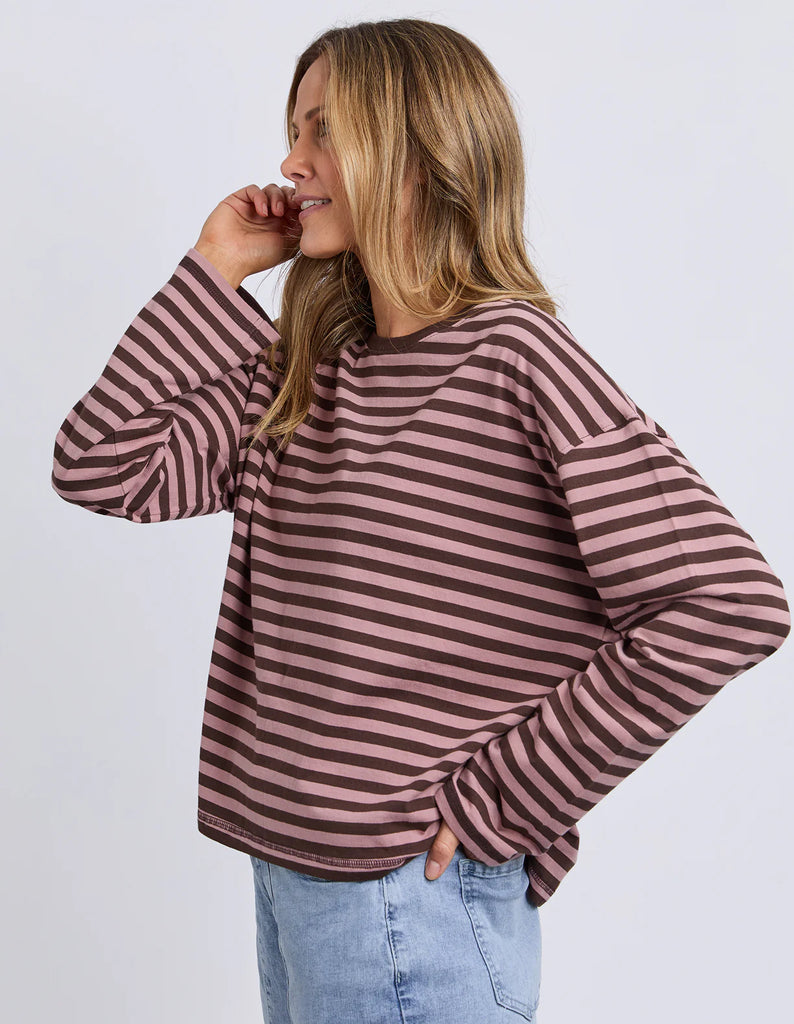 Lola Stripe Long Sleeve - Coffee & Dusty Rose-Foxwood-Meet your new everyday favourite – the Lola Stripe Long Sleeve. Lola is designed for easy, throw-on-and-go styling. Featuring a classic crew neckline, dropped shoulders and a soft drape through the body, this long sleeve tee brings that laid-back Foxwood feel to your everyday wardrobe. Finished with a centre back seam detail for that extra hint of style, it’s the perfect piece to pair with your go-to denim and sneakers. 100% Cotton Yarn dyed stripe Contr