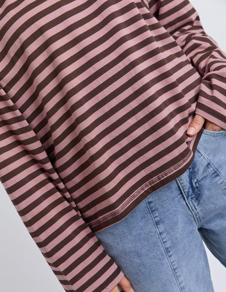 Lola Stripe Long Sleeve - Coffee & Dusty Rose-Foxwood-Meet your new everyday favourite – the Lola Stripe Long Sleeve. Lola is designed for easy, throw-on-and-go styling. Featuring a classic crew neckline, dropped shoulders and a soft drape through the body, this long sleeve tee brings that laid-back Foxwood feel to your everyday wardrobe. Finished with a centre back seam detail for that extra hint of style, it’s the perfect piece to pair with your go-to denim and sneakers. 100% Cotton Yarn dyed stripe Contr