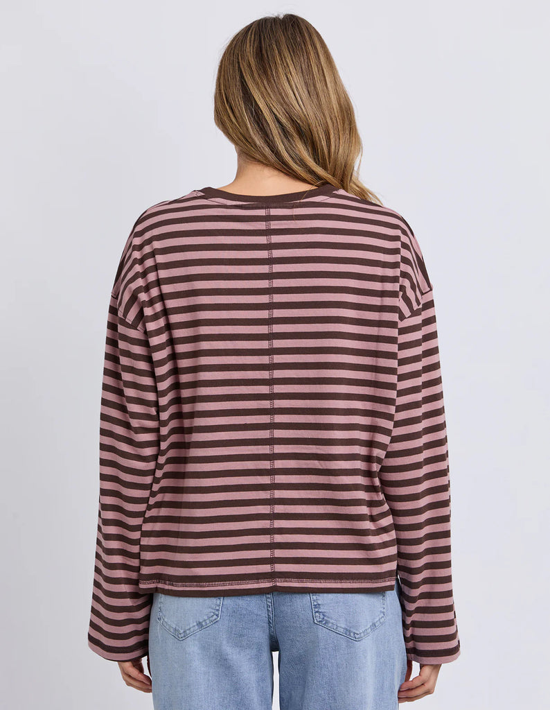Lola Stripe Long Sleeve - Coffee & Dusty Rose-Foxwood-Meet your new everyday favourite – the Lola Stripe Long Sleeve. Lola is designed for easy, throw-on-and-go styling. Featuring a classic crew neckline, dropped shoulders and a soft drape through the body, this long sleeve tee brings that laid-back Foxwood feel to your everyday wardrobe. Finished with a centre back seam detail for that extra hint of style, it’s the perfect piece to pair with your go-to denim and sneakers. 100% Cotton Yarn dyed stripe Contr