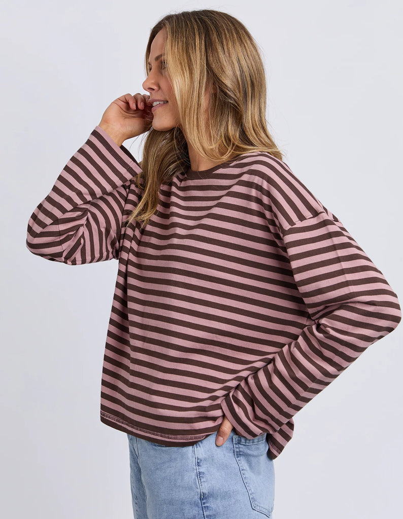 Lola Stripe Long Sleeve - Coffee/Dusty Rose-Foxwood-Meet your new everyday favourite – the Lola Stripe Long Sleeve. Lola is designed for easy, throw-on-and-go styling. Featuring a classic crew neckline, dropped shoulders and a soft drape through the body, this long sleeve tee brings that laid-back Foxwood feel to your everyday wardrobe. Finished with a centre back seam detail for that extra hint of style, it’s the perfect piece to pair with your go-to denim and sneakers. 100% Cotton Yarn dyed stripe Contra