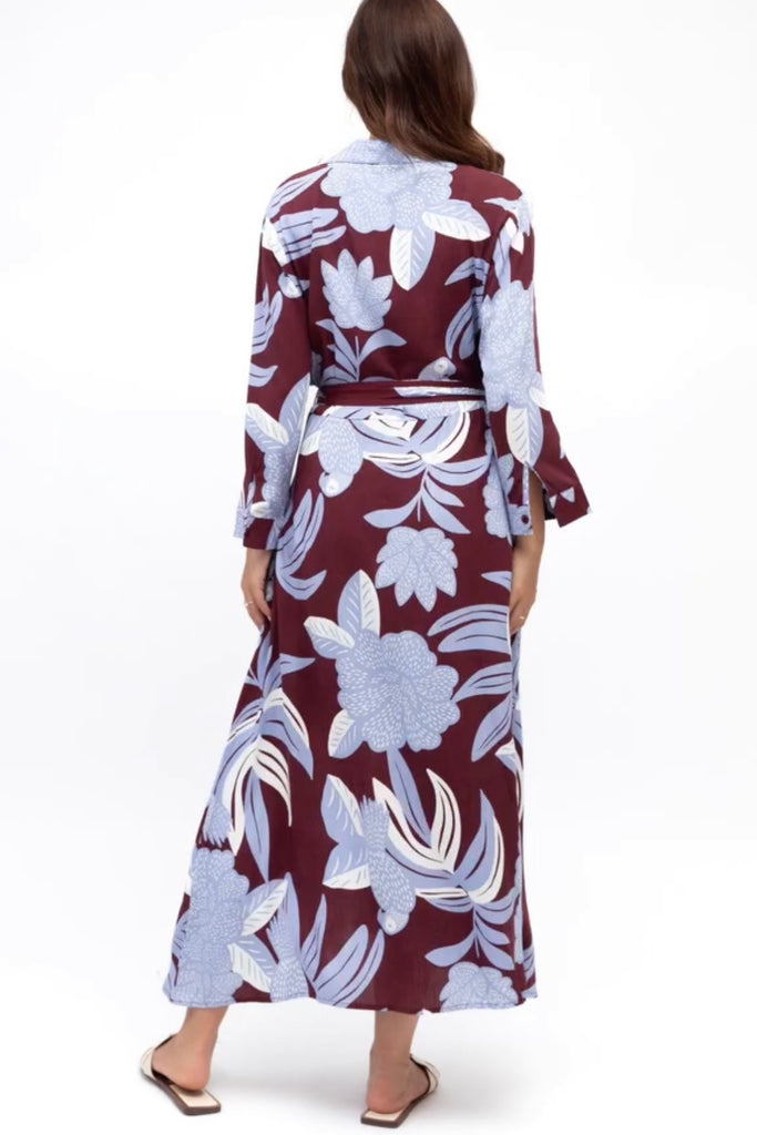 Lola dress - plum/blue-Pash + Evolve-*Button down front *Collar *Plum/blue print *Long sleeve *Midi length *Tie around waist *100% Rayon-Pash + Evolve