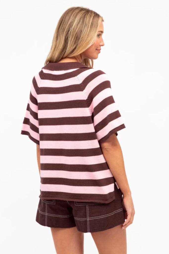 Lola knit top - pink/choc-Pash + Evolve-*V neck *Relaxed fit *Knit top *Pink/Chocolate *100% Cotton-Pash + Evolve