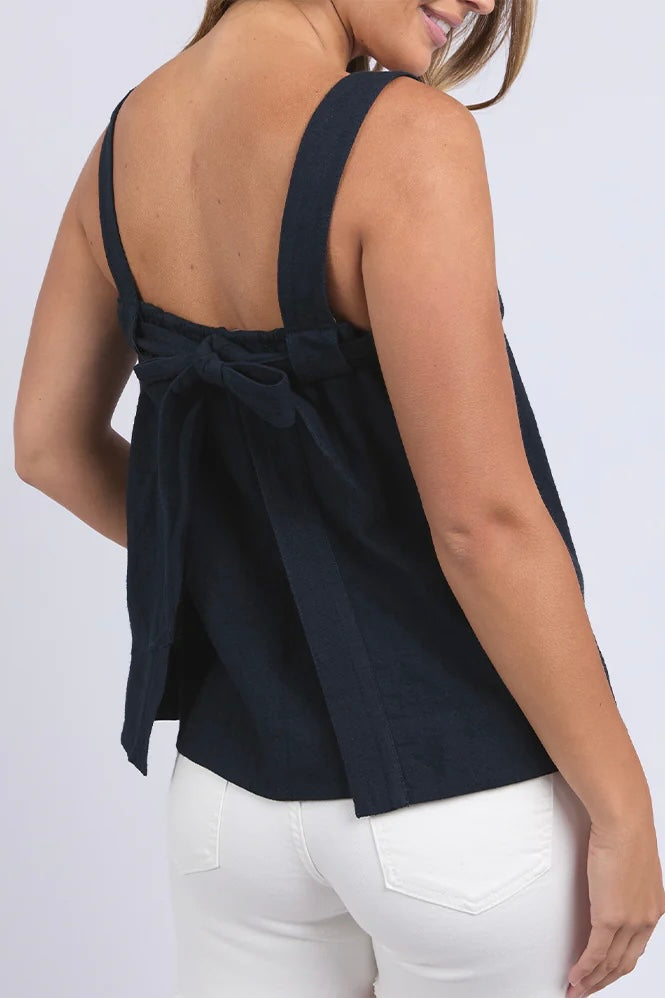 Lourdes top - navy-Foxwood-A little drama in the best way. The Lourdes Top (Foxwood Clothing) features an open back with a layered underlay and sweet back tie detail for an unexpected twist. Made from a breezy linen blend with a relaxed fit, it’s the perfect mix of cool, comfy and just a little bit flirty. Relaxed fit Back tie detail Open back with under layer 55% Linen / 45% Viscose Wide straps-Pash + Evolve