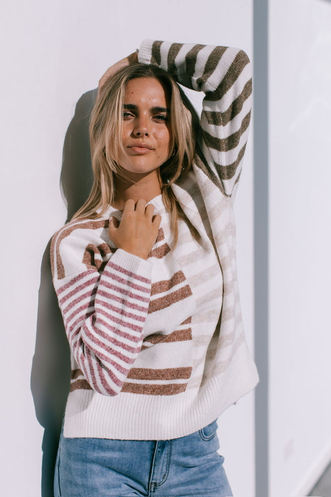 Lucy knit - chocolate/latte-Pash + Evolve-*Chocolate/Latte stripe *Long sleeve *Round neck *Super soft & comfy *65% Acrylic. 35% Wool-Pash + Evolve