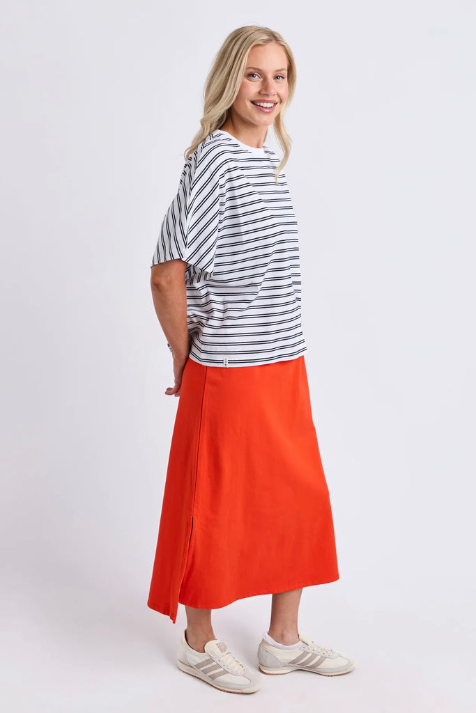 Luna Short Sleeve Tee - White/Navy Stripe-Elm-The Luna Short Sleeve Tee combines timeless yarn-dyed stripes with an effortlessly oversized silhouette. Crafted from premium Australian cotton with batwing sleeves, it's an elevated everyday tee you'll reach for again and again. Yarn dyed stripe Batwing sleeve Australian cotton Oversized fit 100% Australian Cotton Jersey The Model is 173cm and is wearing a size 10-Pash + Evolve