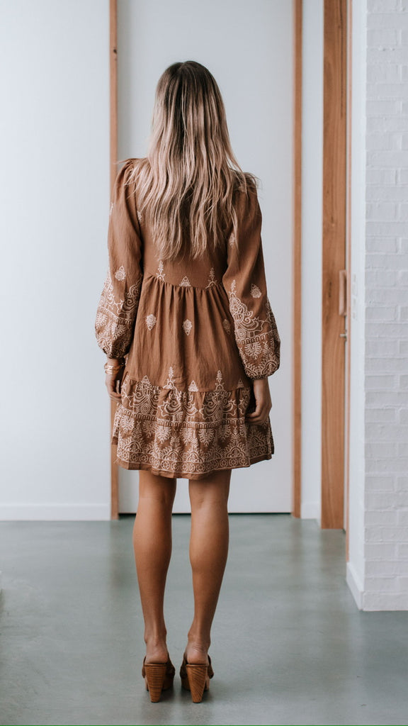Lydia dress - tan-Pash + Evolve-*V neck *Long sleeve *Button down front *Knee length *Embroidering all over *90% Viscose, 10% Linen-Pash + Evolve
