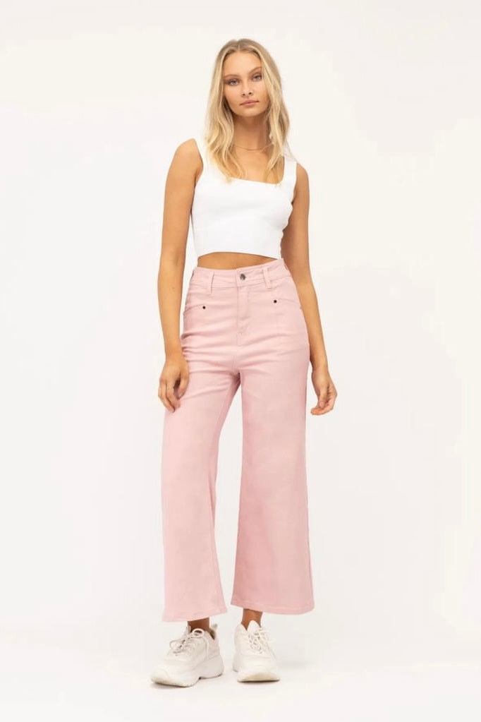 Madi Pant - rosewater pink-Pash + Evolve-Bottoms-Oh these are so good! These are super high-waisted with in-seam pockets at the front and normal pockets at the rear. Featuring a wider-legged fit, these are incredibly stretchy and comfortable, in a mid-weight denim. Sizing: Generous - go down one these are super stretchy!-Pash + Evolve