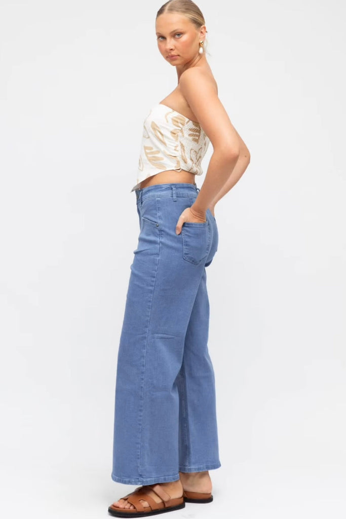 Madi pant - light wash blue-Pash + Evolve-Oh these are so good !! These are super high- waisted with in seam pockets at the front and normal pockets at the back. Featuring a wider- legged fit, these are incredibly stretchy and comfortable, in a mid weight denim. * Generous in size- go down one size these are super stretchy !!-Pash + Evolve