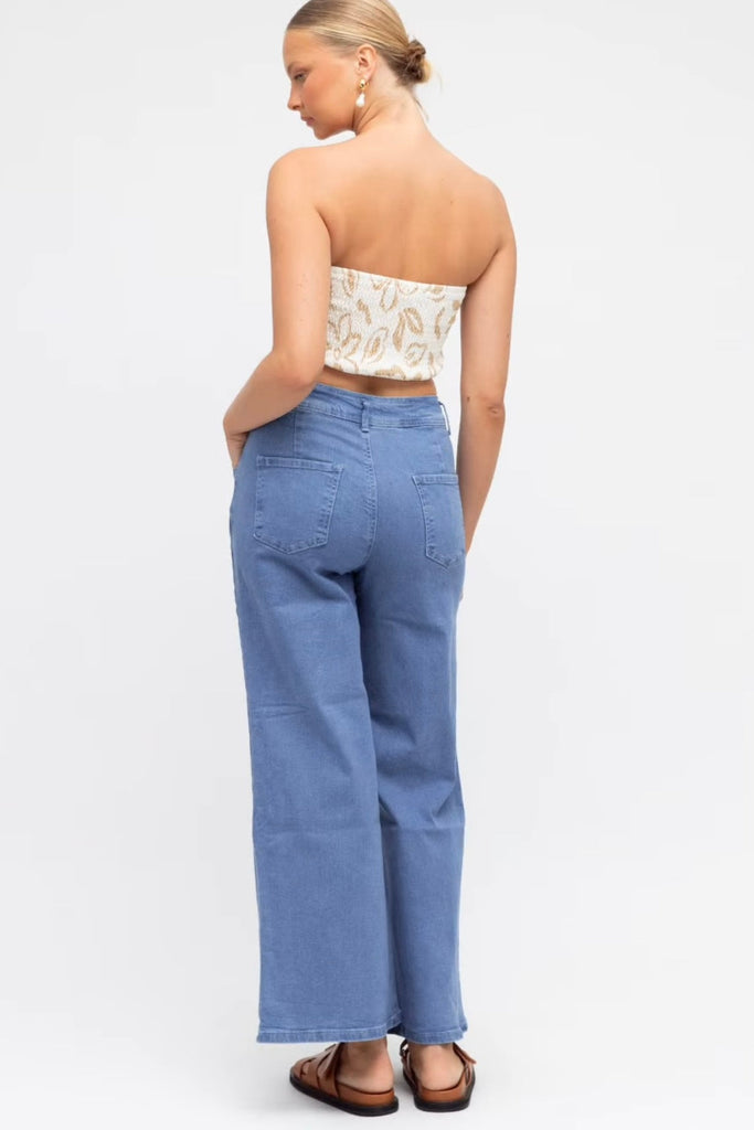 Madi pant - light wash blue-Pash + Evolve-Oh these are so good !! These are super high- waisted with in seam pockets at the front and normal pockets at the back. Featuring a wider- legged fit, these are incredibly stretchy and comfortable, in a mid weight denim. * Generous in size- go down one size these are super stretchy !!-Pash + Evolve