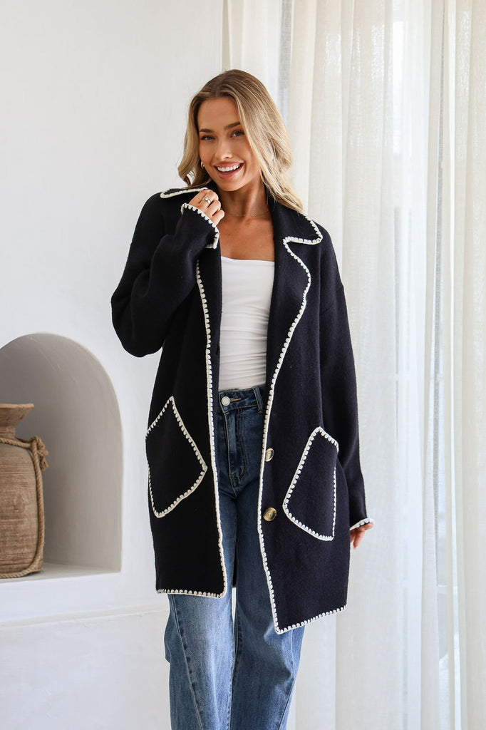 Marlie knit cardi - black-Pash + Evolve-*Button up *Long sleeve *Pockets *Contrast blanket stitching *65% Acrylic, 35% Wool-Pash + Evolve