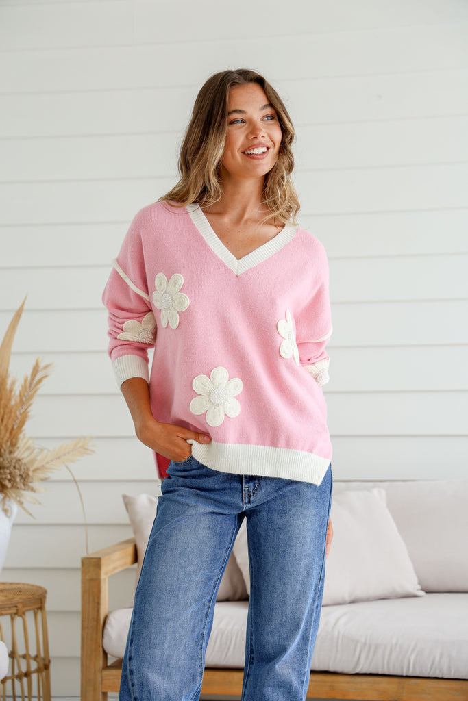 Maya pearl knit - pink-Pash + Evolve-Our gorgeous Maya knit is just the cutest! Featuring an attractive pearl and daisy detail, V neck and a hi-low hemline. Maya is sure to be the next cutest addition to your wardrobe. *V neck *Hi-low hemline *Pearl & daisy detail *Splits on side *Contrast colour *65% Acrylic, 35% Wool-Pash + Evolve
