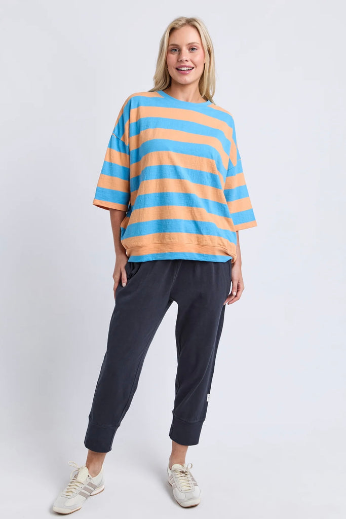 Mazie Block Stripe Sweat - Azure Blue/Peach-Elm-The Mazie Block Stripe Sweat combines the comfort of Elm's favourite sweat with fresh colour-block stripe detailing. Finished with 3/4 sleeves and practical pockets, it's made for everyday comfort. Best Selling Style 3/4 Length Sleeves Waistband & Pockets Relaxed fit 100% Cotton Slub Jersey The Model is 173cm and is wearing a size 10-Pash + Evolve