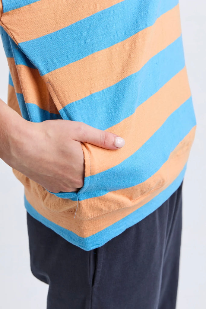 Mazie Block Stripe Sweat - Azure Blue/Peach-Elm-The Mazie Block Stripe Sweat combines the comfort of Elm's favourite sweat with fresh colour-block stripe detailing. Finished with 3/4 sleeves and practical pockets, it's made for everyday comfort. Best Selling Style 3/4 Length Sleeves Waistband & Pockets Relaxed fit 100% Cotton Slub Jersey The Model is 173cm and is wearing a size 10-Pash + Evolve