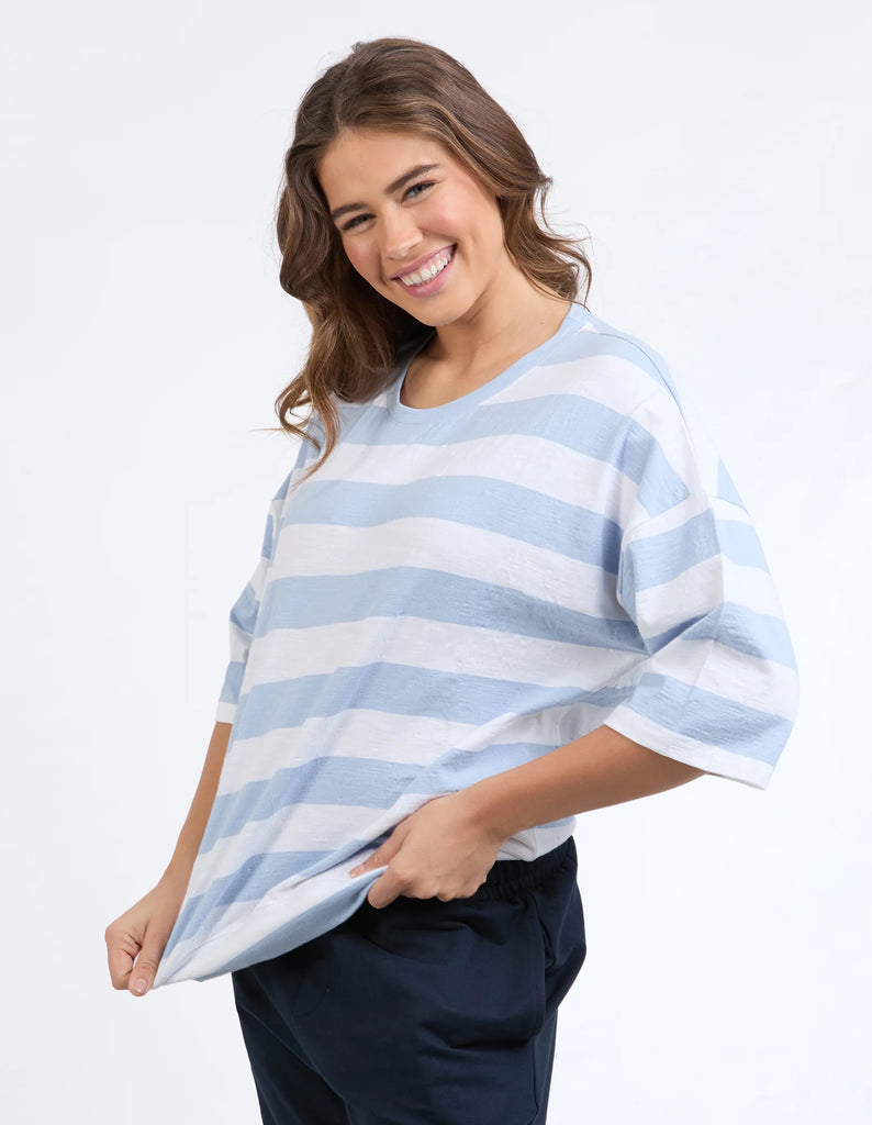 Mazie Block Stripe Sweat - Sky Blue/White-Elm-The Mazie Sweat Is The Ideal Blend Of Style And Versatility. This Oversized Fit And ¾ Length Sleeves Allow Plenty Of Room For Movement, And The Gorgeous Lightweight Cotton Fabric Make It Ideal For Layering. Best selling style Relaxed fit with 3/4 length sleeves Waistband and pockets Cotton slub jersery Model is wearing a size 10-Pash + Evolve