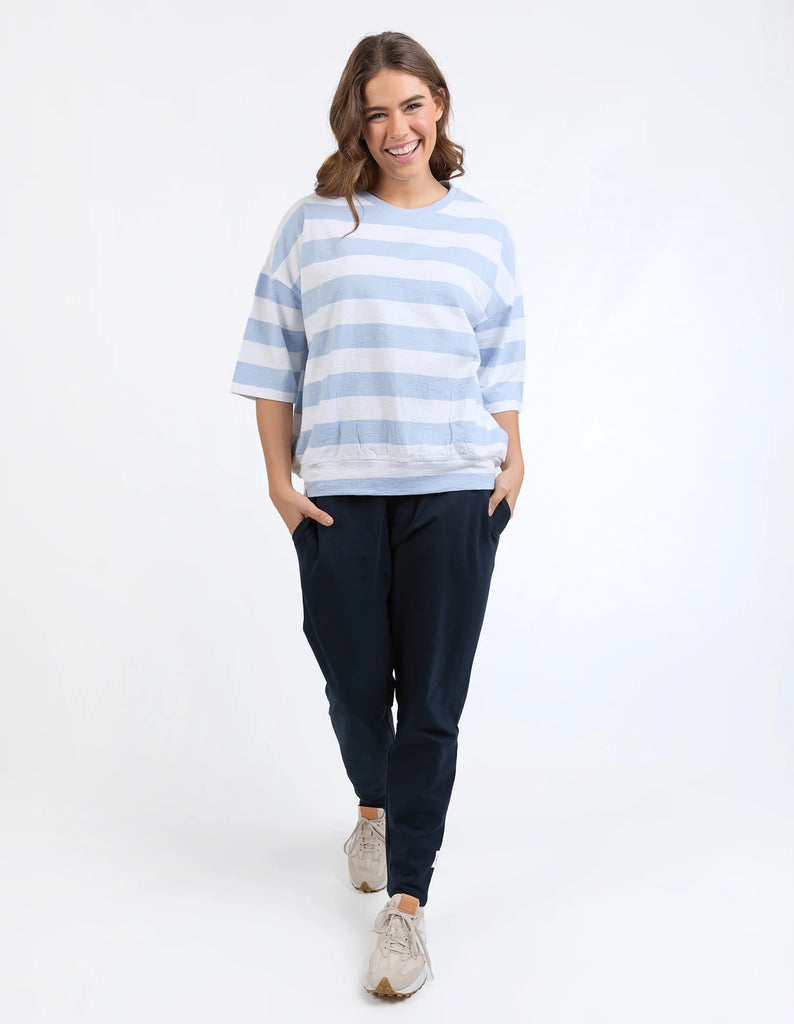 Mazie Block Stripe Sweat - Sky Blue/White-Elm-The Mazie Sweat Is The Ideal Blend Of Style And Versatility. This Oversized Fit And ¾ Length Sleeves Allow Plenty Of Room For Movement, And The Gorgeous Lightweight Cotton Fabric Make It Ideal For Layering. Best selling style Relaxed fit with 3/4 length sleeves Waistband and pockets Cotton slub jersery Model is wearing a size 10-Pash + Evolve
