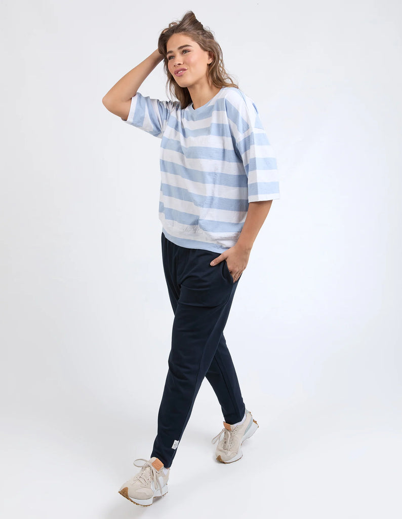 Mazie Block Stripe Sweat - Sky Blue/White-Elm-The Mazie Sweat Is The Ideal Blend Of Style And Versatility. This Oversized Fit And ¾ Length Sleeves Allow Plenty Of Room For Movement, And The Gorgeous Lightweight Cotton Fabric Make It Ideal For Layering. Best selling style Relaxed fit with 3/4 length sleeves Waistband and pockets Cotton slub jersery Model is wearing a size 10-Pash + Evolve