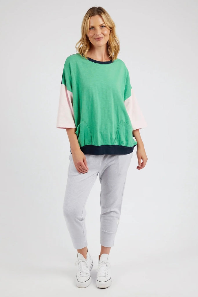 Mazie Colour Block Sweat - Greenbriar-Elm-The Mazie Sweat Is The Ideal Blend Of Style And Versatility. This Oversized Fit And ¾ Length Sleeves Allow Plenty Of Room For Movement, And The Gorgeous Lightweight Cotton Fabric Make It Ideal For Layering. Best Selling Style Relaxed fit with 3/4 Length Sleeves Waistband and pockets 100% Cotton Model is 169cm and wears Size 10 Model is wearing a size 10.-Pash + Evolve