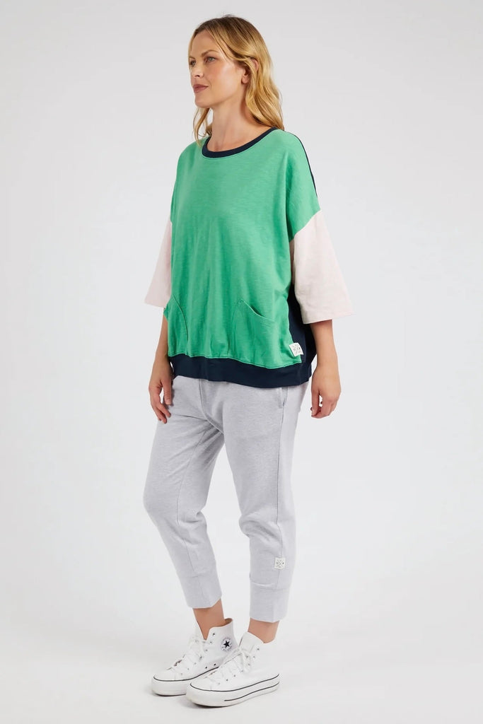 Mazie Colour Block Sweat - Greenbriar-Elm-The Mazie Sweat Is The Ideal Blend Of Style And Versatility. This Oversized Fit And ¾ Length Sleeves Allow Plenty Of Room For Movement, And The Gorgeous Lightweight Cotton Fabric Make It Ideal For Layering. Best Selling Style Relaxed fit with 3/4 Length Sleeves Waistband and pockets 100% Cotton Model is 169cm and wears Size 10 Model is wearing a size 10.-Pash + Evolve