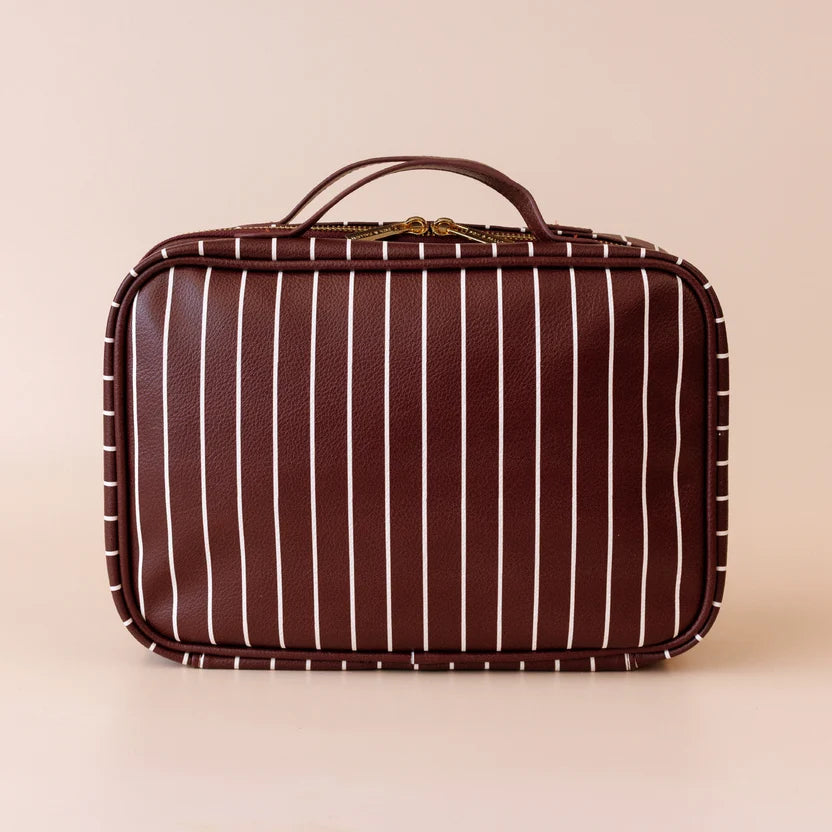 Merlot Pinstripe Cosmetic Bag-Fox & Fallow-The bag of your dreams is here! With so many bonus features, you’ll be wondering where they’ve been all your life. The miracle pop out bag everyone’s been talking about. The ingenious removable clear bag is the true MVP here: it pops out of the main bag and it’s perfect for all your makeup & skincare essentials so you can find them easily through the clear plastic sides. Take it out and use it for your daily makeup & skincare routine or separately at airport secur