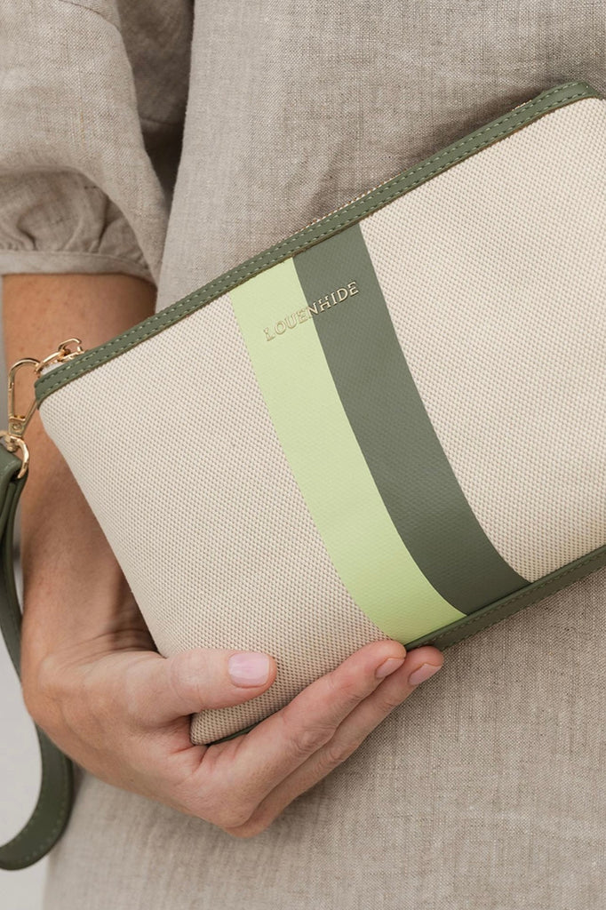 Mimi canvas clutch - cream/avocado-Louenhide-The Louenhide Mimi Cream / Avocado Canvas Clutch is your new everyday staple. Where casual style meets functionality, this compact clutch can effortlessly transform your summer holiday style from day to night. Style and wear the matching vegan leather wristlet for a casual and effortless everyday carry, or simply detach it for a clean, minimalistic look to elevate your night out attire. Made from a textured neutral canvas and colourful vegan leather trims, the pa
