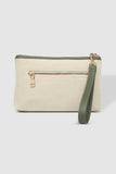 Mimi canvas clutch - cream/avocado-Louenhide-The Louenhide Mimi Cream / Avocado Canvas Clutch is your new everyday staple. Where casual style meets functionality, this compact clutch can effortlessly transform your summer holiday style from day to night. Style and wear the matching vegan leather wristlet for a casual and effortless everyday carry, or simply detach it for a clean, minimalistic look to elevate your night out attire. Made from a textured neutral canvas and colourful vegan leather trims, the pa
