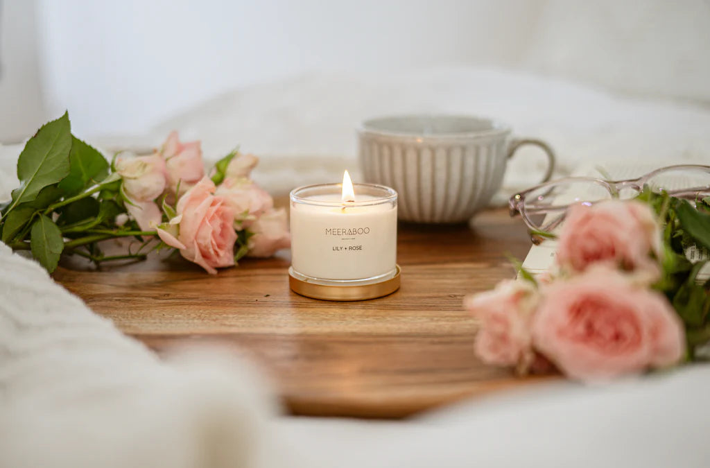 Mini Lily & Rose soy candle-Pash + Evolve-Mini Gold Lid – 85g | 15-20 hours | single wick | 5cm (h) x 5.5cm (w) Our Mini Golden Girls are the same hand poured, high quality soy candle you know and love Meeraboo for, in a super cute miniature 85g version! They are the cutest little baby sisters to our OG Golden Girls - housed in an identical glass, with a brushed gold lid and seal so they are reusable too!-Pash + Evolve
