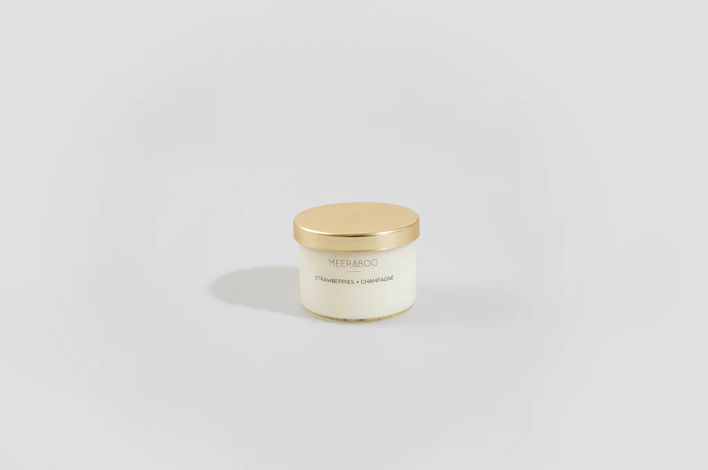 Mini Strawberries & champagne soy candle-Meeraboo-Mini Gold Lid – 85g | 15-20 hours | single wick | 5cm (h) x 5.5cm (w) Our Mini Golden Girls are the same hand poured, high quality soy candle you know and love Meeraboo for, in a super cute miniature 85g version! They are the cutest little baby sisters to our OG Golden Girls - housed in an identical glass, with a brushed gold lid and seal so they are reusable too!-Pash + Evolve