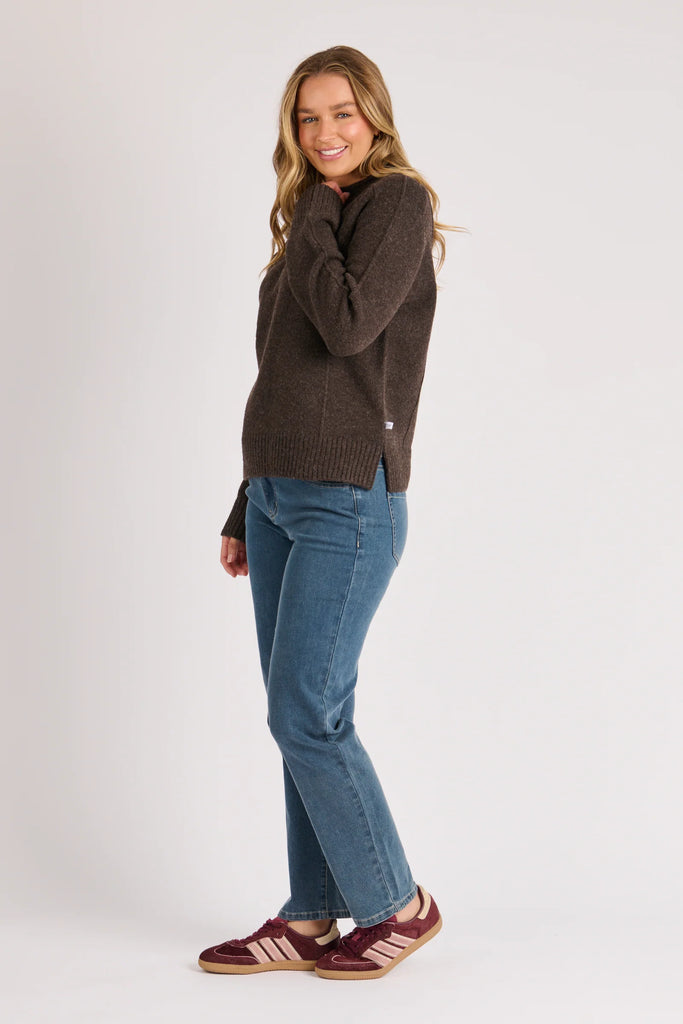 Mock Neck Seam Detail Jumper - Dark Chocolate-One Ten Willow-The Mock Neck Seam Detail Jumper is the perfect blend of cosy comfort and understated sophistication. Crafted in a rich dark chocolate hue, this knit offers effortless styling for cooler days while maintaining a refined, modern silhouette. The elevated seam detailing adds subtle interest, making it an easy piece to dress up with tailored pants or keep casual with your favourite denim. *Soft polyester, wool and elastane blend offering warmth with 