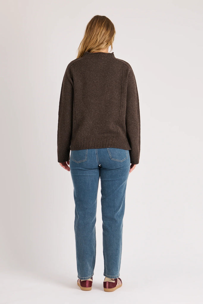 Mock Neck Seam Detail Jumper - Dark Chocolate-One Ten Willow-The Mock Neck Seam Detail Jumper is the perfect blend of cosy comfort and understated sophistication. Crafted in a rich dark chocolate hue, this knit offers effortless styling for cooler days while maintaining a refined, modern silhouette. The elevated seam detailing adds subtle interest, making it an easy piece to dress up with tailored pants or keep casual with your favourite denim. *Soft polyester, wool and elastane blend offering warmth with 