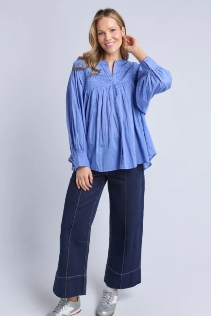 Montana blouse - cornflower-Elm-The Montana Blouse is a versatile wardrobe piece with an easy, relaxed feel that works beautifully layered or worn on its own. With easy button-front styling, it adds interest while still feeling effortless to wear. Crafted from 100% cotton, it delivers comfortable wear and easy versatility. Style it tucked into denim or relaxed pants for everyday wear, or layer it open over a tee and under outerwear for extra versatility. *Relaxed fit *Button down front *100% Cotton *Design