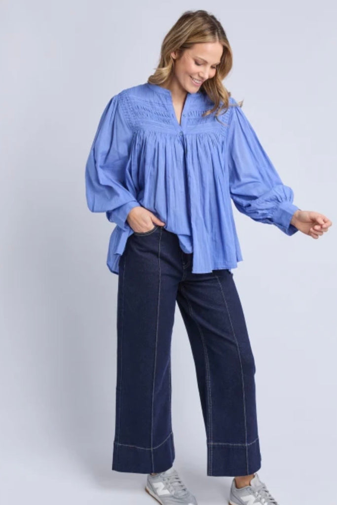 Montana blouse - cornflower-Elm-The Montana Blouse is a versatile wardrobe piece with an easy, relaxed feel that works beautifully layered or worn on its own. With easy button-front styling, it adds interest while still feeling effortless to wear. Crafted from 100% cotton, it delivers comfortable wear and easy versatility. Style it tucked into denim or relaxed pants for everyday wear, or layer it open over a tee and under outerwear for extra versatility. *Relaxed fit *Button down front *100% Cotton *Design