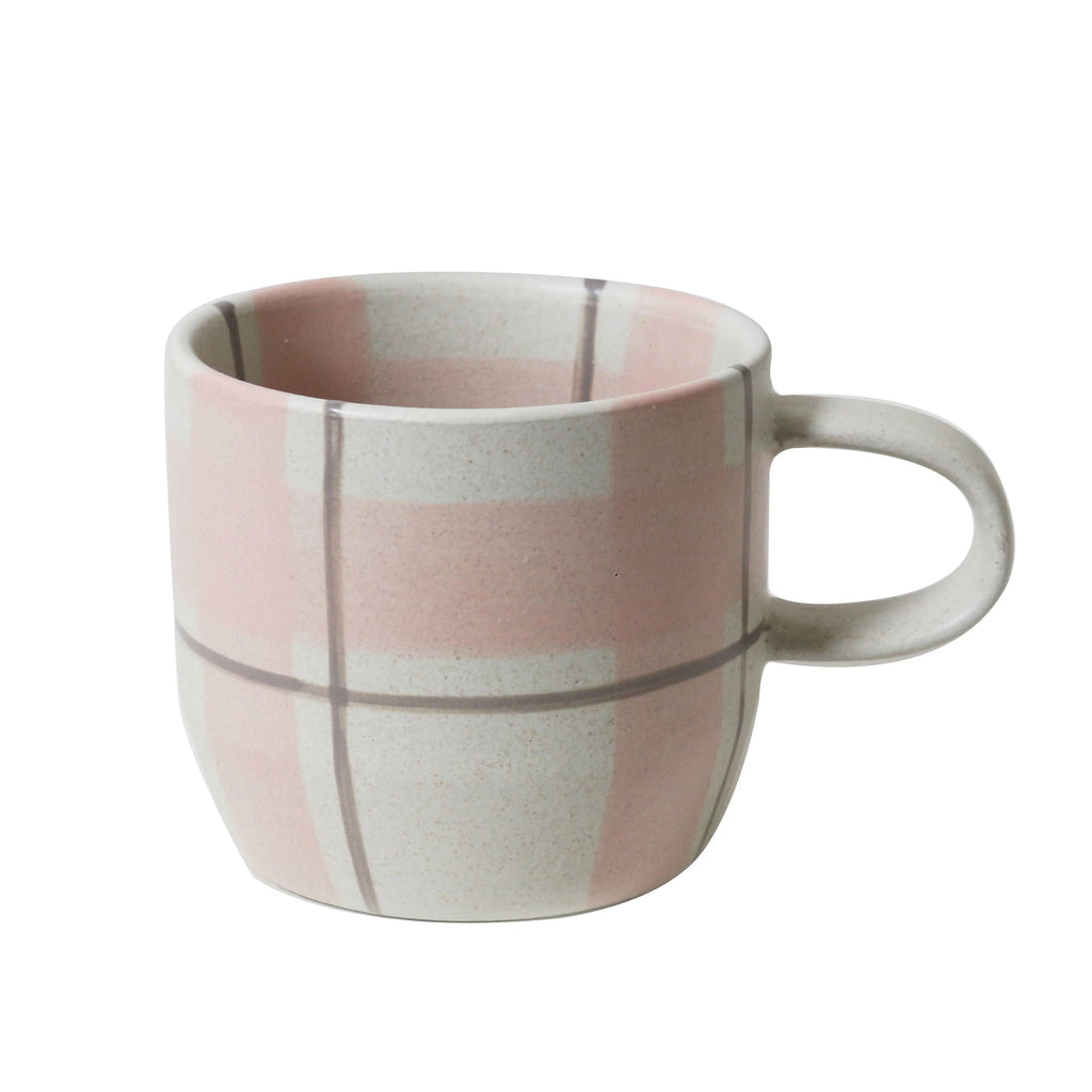 Mug single - blush & grey check-Robert gordon-Hand-painted tartan, stripes, and gingham checks both inside and out make these mugs truly charming. We truly think they are the Cat’s Pyjamas. Available in 5 unique designs. Beautiful designs delicately hand painted inside and out. 350ml Capacity Microwave and Dishwasher safe Made from high fired stoneware-Pash + Evolve